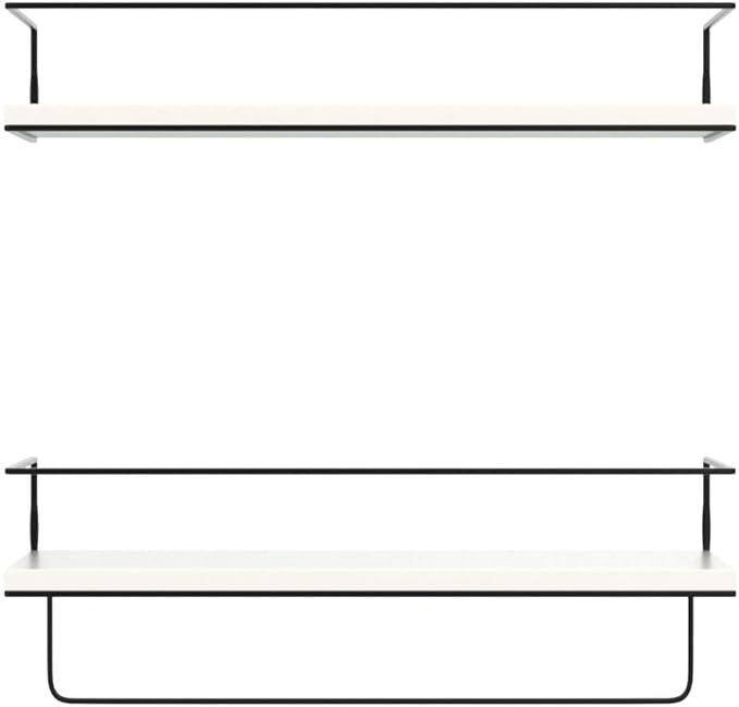 Shario White Floating Shelves - Set of 2, Wall Mounted Hanging Shelves with Black Towel Rack, Decorative Storage Shelves for Bathroom, Kitchen, Living Room & Bedroom (Modern White)