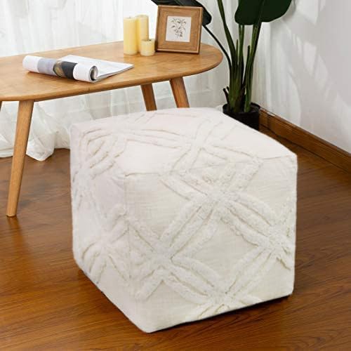 COTTON CRAFT Hand Tufted Pouf - Bedroom Dorm Home Accent - Foot Stool - Ottoman - Bean Bag - Versatile Modern Comfortable Prefilled Woven Cotton Square Pouf Footrest - 16x16x16 inches - Ivory
