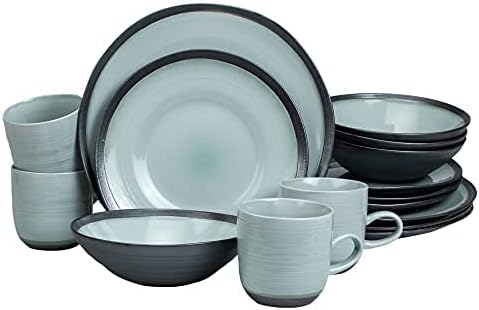 Euro Ceramica Diana 16 Piece Modern Dinnerware Set, Dinner, Salad Plate, Soup Bowl, Mug, Service for 4, Mint Green/Graphic Grey
