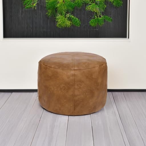 Thgonwid Unstuffed Faux Leather Pouf Cover, Handmade Footstool Ottoman Storage Solution, Floor Footrest Cushion - 16.5”Dx12”H, Mocha
