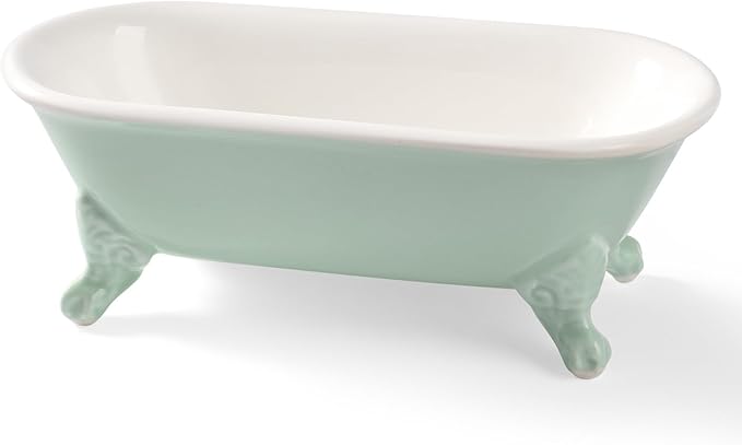 6.5" Ceramic Mini Decorative Clawfoot Bathtub Bar Soap Dish, Kitchen Sponge Holder and Shower Tray for Bathroom, 1 Pack(Bright Teal)