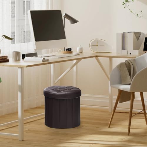 Bsketa® Folding Storage Ottoman Round 14" x 14" x 13"Inch, Foot Stool with Thicker Foam Padded Seat Small Leather Storage Ottoman Bench Foot Rest for Living Room Foldable Coffee Table,Brown