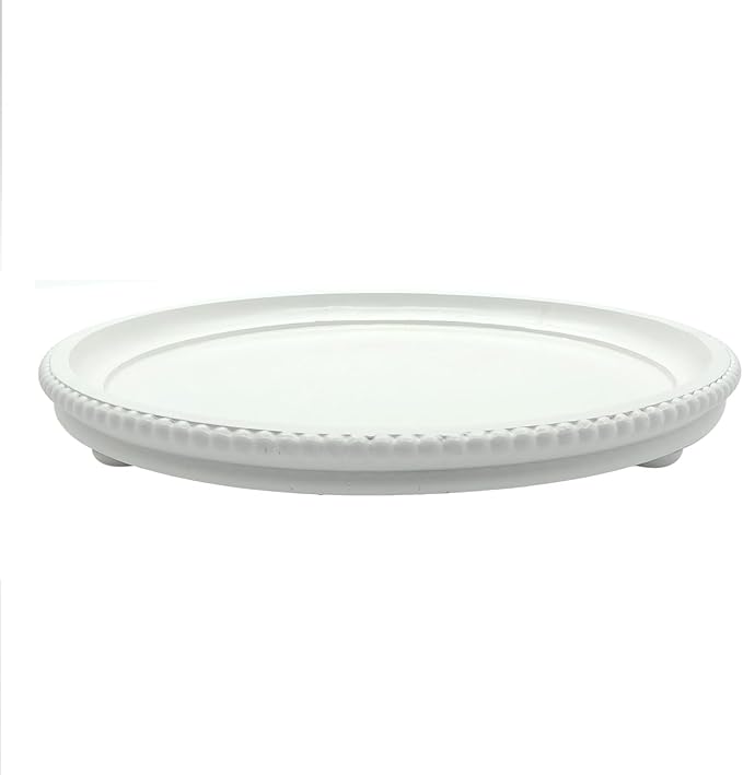 Round Wood Decorative Tray, Small Beaded Tray for Dresser Coffee Table Kitchen Corner Dinning Table, Modern Round Wooden Tray for Centerpiece (White, 13.4''X13.4'')