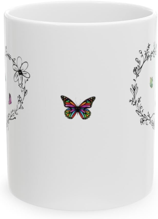Cat Kissing a Butterfly Ceramic Coffee Mugs for Women, Black Heart Mug with a Kitty Kissing Butterflies, Cute Mugs Aesthetic (11oz), White, 17390492692989885872