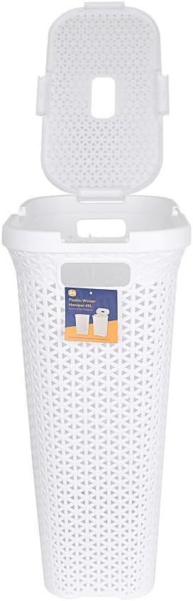 YBM Home Plastic Rattan Laundry Hamper Basket with Hinged Lid, Ventilation Holes, Durable, Lightweight Bin With Cutout Handles, Storage Dirty Clothes, Space Saver, 10.5" x 17.5" x 23.75", White,6-Pack