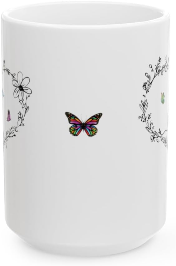 Cat Kissing a Butterfly Ceramic Coffee Mugs for Women, Black Heart Mug with a Kitty Kissing Butterflies, Cute Mugs Aesthetic (15oz), White, 17390492692989885872