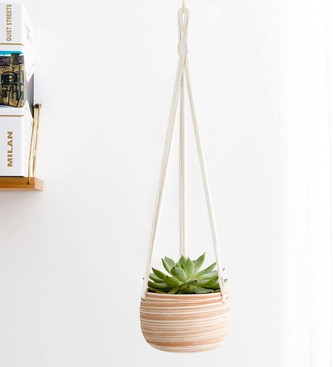 Mkono Ceramic Hanging Planter Macrame Plant Holder 5 Inch Cute Succulent Cactus Pot with Cotton Rope Hanger for Indoor Outdoor Decor, 2 Pack