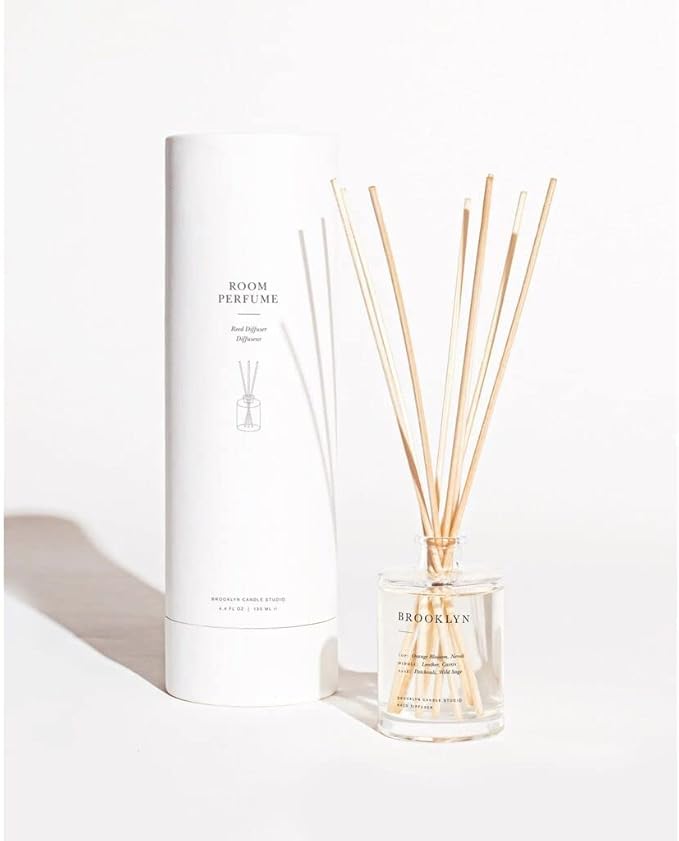 Brooklyn Candle Studio Reed Scent Diffuser - Brooklyn - Relaxing Oil Diffuser, Sage, Cassis & Orange Blossom Fragrance, 8 Rattan Diffuser Reeds, Clean Ingredients - 4.4oz