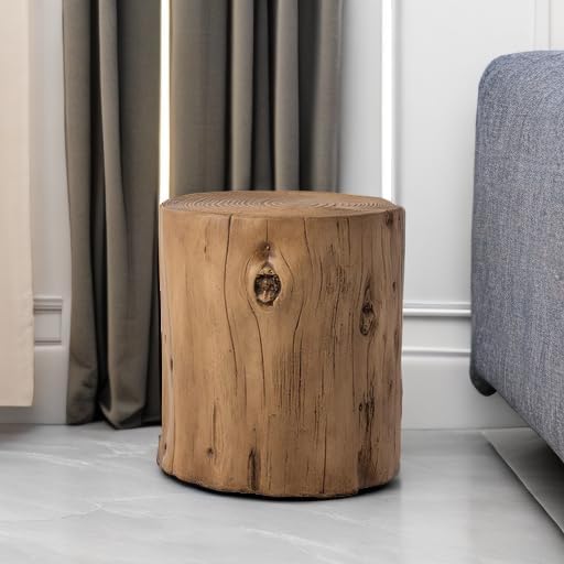 COSIEST Outdoor End Table Light Oak Colored Faux Wood, Hand-Painted Wood Stump Stool, Ottoman or Plant Stand, Deck or Garden