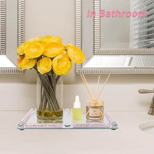 Crystal Glass Tray, Mirror Vanity Tray, Golden Decor Tray for Dresser, Jewelry Trinket Cosmetic Makeup Tray, Crushed Diamond Home Decor, Serving Tray for Bathroom Countertop Organizer (Rose Red)