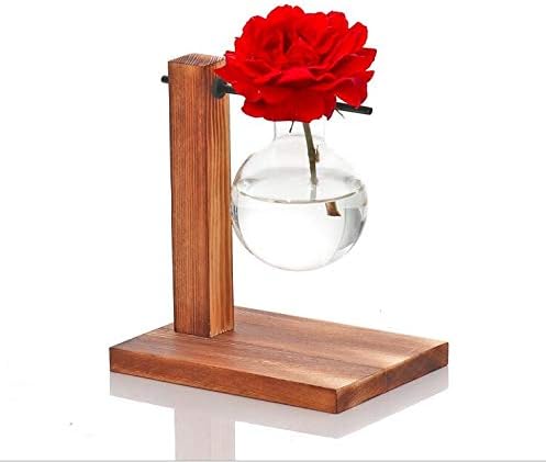 Kingbuy Glass Planter Bulb Vase Desktop Plant Terrarium with Retro Solid Wooden Stand for Propagation Hydroponics Water Plants Home Garden Office Decor