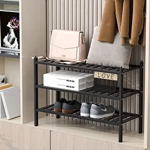 Shoe Rack, 3-Tier Bamboo Stackable Shelf Storage Organizer, Stand for Closet, Entryway, Hallway, Bathroom and Living Room(Black)