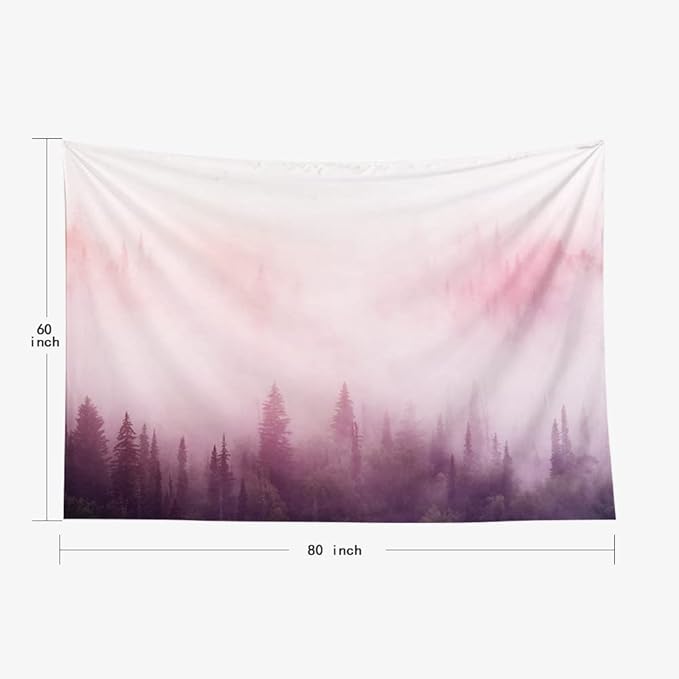 EMMTEEY Misty Forest Wall Tapestry, 80x60in, Pink Tapestry for Bedroom, Dorm, Living Room Decor