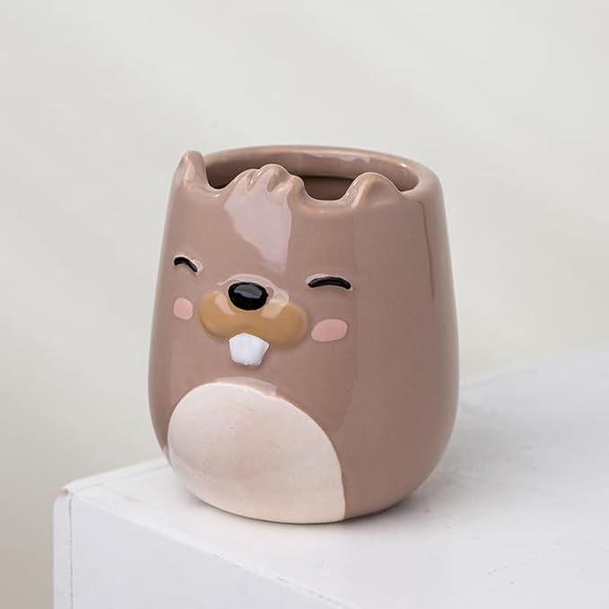 Beaver Animal Ceramic Planter for Indoor and Outdoors, 3 x 3 x 4 in., Cute Hand Painted Designed in Argentina, Convenient Drain Hole