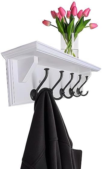 Wall Coat Rack with Shelf – 24” Entryway Shelf with Hooks – Solid Wood Key Rack with 5 Metal Hooks – White Wall Mounted Coat Organizer for Entryway, Kitchen or Bathroom
