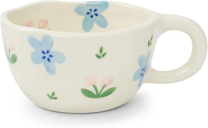 Koythin Ceramic Coffee Mug, Handmade Hot Chocolate Mugs, Cute Cup for Girl Women, Aesthetic Tea Milk Cup with Handle, 8.5 oz/250 ml for Latte, Cocoa, Office, Home (Blue Tulip Flowers)