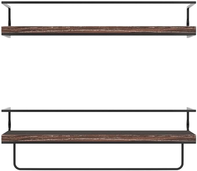 Shario Rustic Wood Floating Shelves - Set of 2, Wall Mounted Hanging Shelves with Black Towel Rack, Decorative Storage Shelves for Bathroom, Kitchen, Living Room & Bedroom (Dark Carbonized Brown)