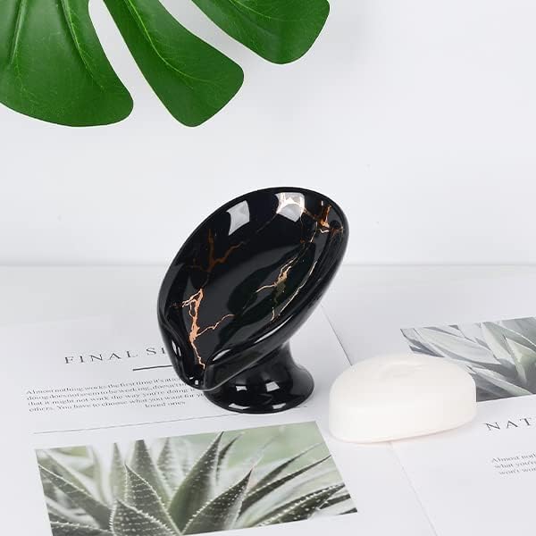 Soap Dish, Ceramic Soap Holder Self Draining Leaf Shape Bar Soap Holder, Marble Look Black Drain Soap Dish Holder for Bathroom, Easy to Clean Keeps Soap Dry, ANTIS'S HOME