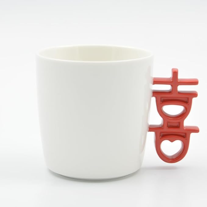 Double Happiness Ceramic Coffee Mug, Chinese Character Style Tea Cup, 10 fl.oz