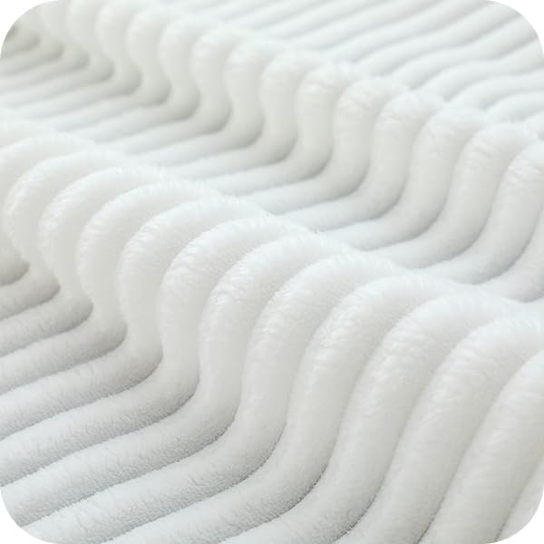 Vessia Flannel Fleece White Throw Blanket(50x71 Inch) for Couch with Pillow Cover(18 * 18 Inch), Warm Cozy Soft Striped Bed Blanket, Microfiber Ribbed Sofa Throw for All Season