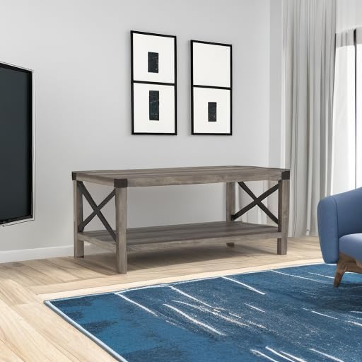 Walker Edison Sedalia Modern Farmhouse Metal X Coffee Table, 40 Inch, Grey Wash