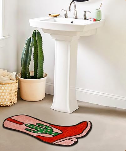 Cowboy Boot Bath Mat - Western Boot Shaped Rug with Pink, Rust, and Green Cactus Design - Water Absorbent (Boot Bath Mat 2 Pack)