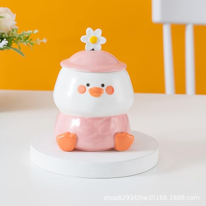 Cute 3D Duck Coffee Mug,Funny Duck Ceramic Coffee Cup with Hat Lid and Lovely Flower Spoon,Suit for mug warmer,Novelty Morning Mug Christmas Birthday Present for Office Friends Women Girls