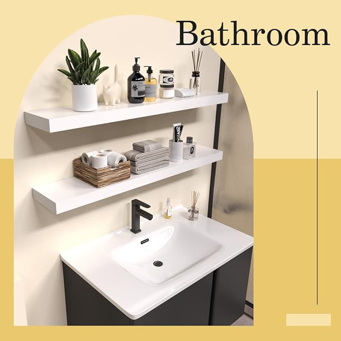 Floating Shelves for Wall, 35.5 Inch Long Natural Wood Shelf, White Rustic Decor for Bathroom Kitchen Bedroom, Hanging Mounted Invisible Bracket, Set of 2