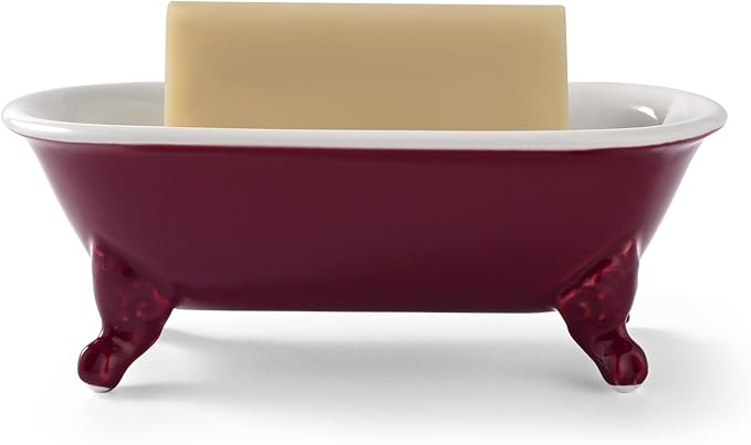 6.5" Ceramic Mini Decorative Clawfoot Bathtub Bar Soap Dish, Kitchen Sponge Holder and Shower Tray for Bathroom, 1 Pack(Burgundy)