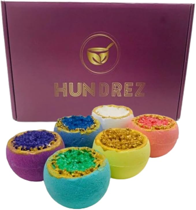 Bath Bombs Sea Salt by HUNDREZ Bath Bomb for Adults, Women, and Kids - Relaxing Treats and Spa-Grade Ingredients - Multicolor Set of 6 Relaxing Bath Bombs
