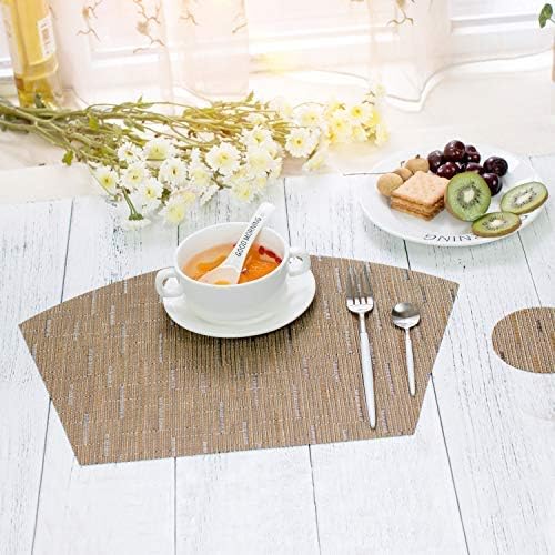 SHACOS Round Table Placemats Wedge Placemats Set of 8 Woven Vinyl Curved Table Mats Washable Indoor Outdoor (8, Tan)