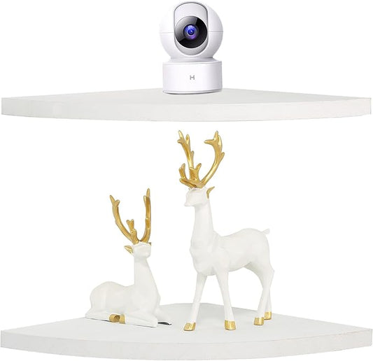 Corner Wall Shelves Set of 2, Rustic Wood Corner Floating Shelves with Cable Raceway, Wall Mount Storage Display for TV Accessories, Baby Monitor (White, Fan-shaped-10 Inch)