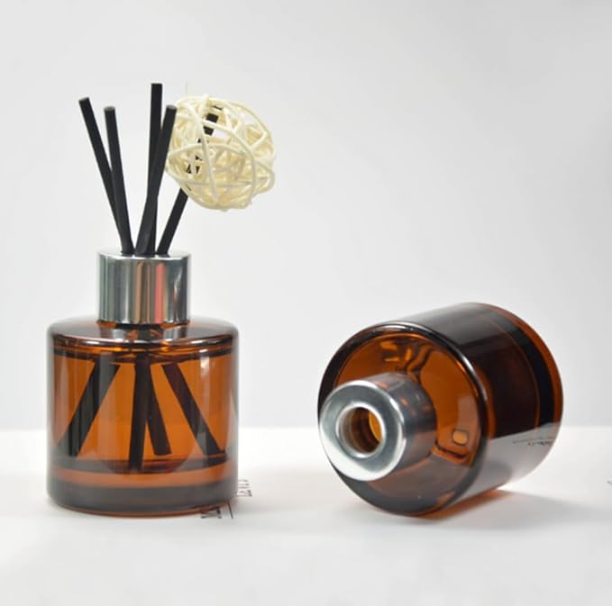 2Pcs 50Ml/1.7oz Empty Amber Round Glass Diffuser Bottles with Silver Cap Refillable Essential Oil Jars Containers Fragrance Accessories Use for DIY Crafts Decor (Diffuser Sticks Excluded)