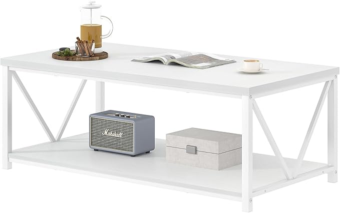 EXCEFUR White Coffee Table with Storage Shelf, Modern Rustic Wood and Metal Center Table for Living Room, 47 Inch