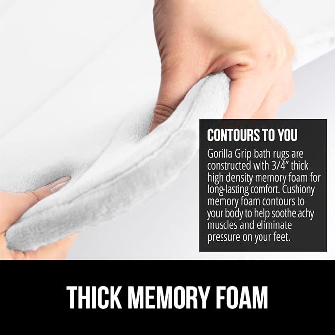GORILLA GRIP Memory Foam Bath Mat, Soft Absorbent US Designed Bathroom Rug, Gripping Dots Machine Washable Bathmat, Cushioned Floor Mats, Shower Sink Rugs Room Décor Accessories, 60x24 White