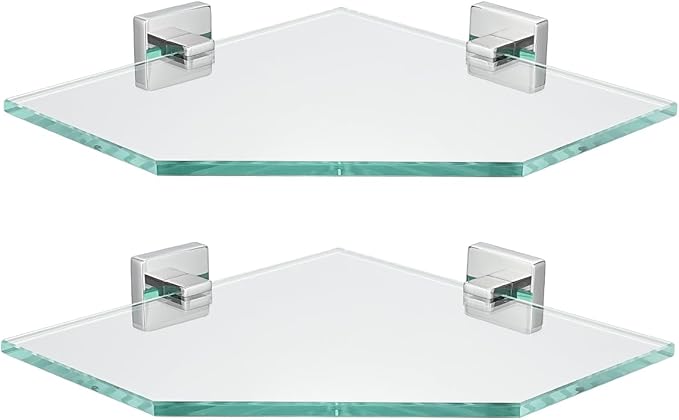 JQK Corner Glass Shelf, Polished Chrome Bathroom 304 Stainless Steel Shower Triangle Floating Wall Shelf, 10 x 10 Tempered Glass, 2 Pack, TGS290L10-CH-P2
