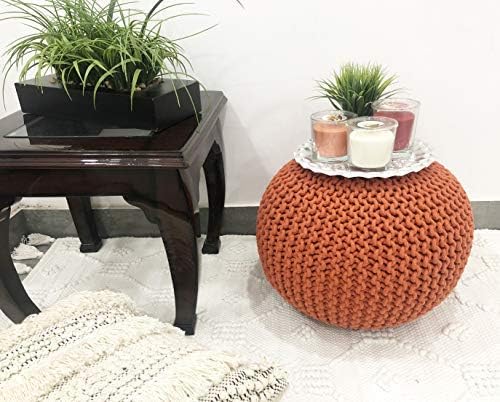 FRELISH DECOR Round Pouf Ottoman Hand Knitted 100% Cotton Pouf Foot Stool Knitted Bean Bag - Floor Chair for Living Room Bedroom - Foot Rest for Couch (20 Diameter x 14 Height) - Pumpkin Orange