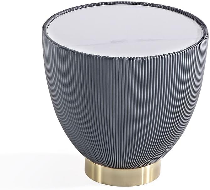 Manhattan Comfort Anderson Modern 18" Round End Table 2.0 | Ceramic Marble Tabletop, Elegant Pleated Leatherette Design & Gold Stainless Steel Base, Fully Assembled Accent Furniture, Set of 2, Grey