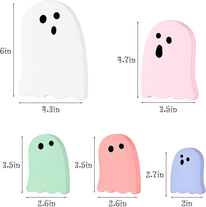 Halloween Table Decorations Indoor: 5ct Halloween Cute Ghost Decorations, Pink White Macaron Colors Ghosts Wood Signs, Pastel Girly Halloween Desk Decor for Mantel Home Office Farmhouse Party Gifts