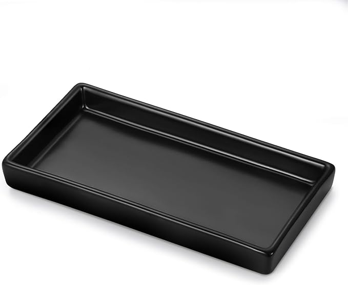 Luxspire Bathroom Vanity Tray, Mini Soap Dispenser, Small Ceramic Perfume and Jewelry Dish, Trinket Holder, Rectangle Candle Tray, Bath Organizer Kitchen Sink Narrow Soap Dish, Black