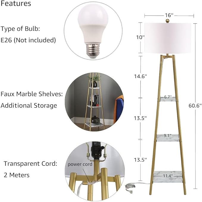 Floor Lamp, Standing Reading Light with Shelves and Gold Shade, Modern Tall Pole Lamp, Accent Furniture Décor Lighting for Living Room, Bedrooms (Gold, White Shade)