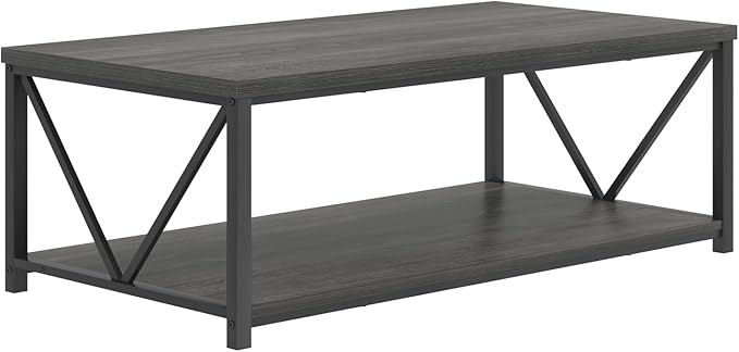 FOLUBAN Industrial Coffee Table with Storage Shelf, Modern Rustic Wooden and Metal Rectangle Center Table for Living Room, Dark Gray, 47 Inch