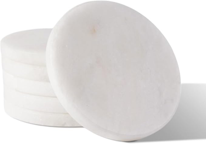 Koville Round Marble Coasters Set of 6 for Coffee Table, 3.9" Inches Handmade Coaster, Luxury Aesthetic Modern Drink Coaster for Table Décor Home Décor, White Cup Coasters for Dining, Bar or Office