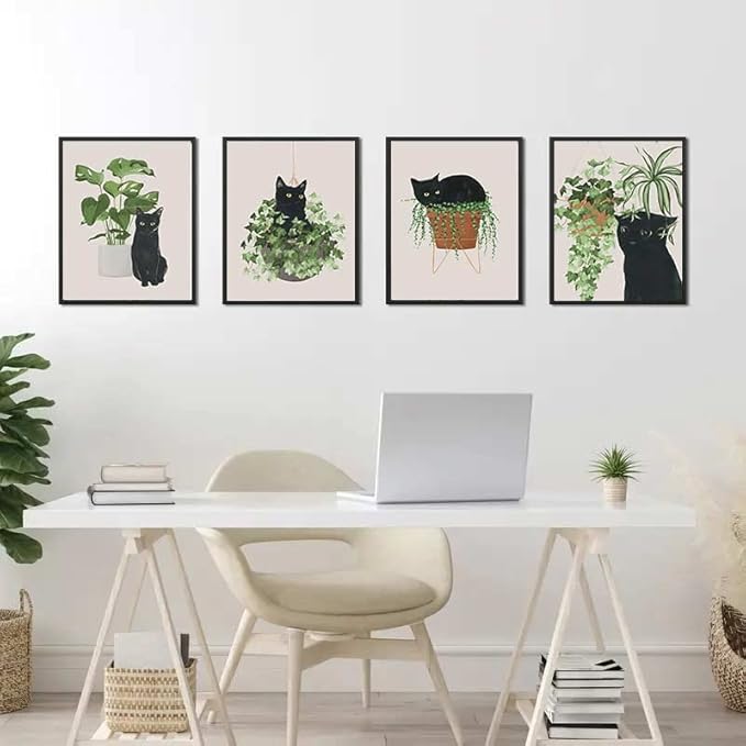 6pcs Cute Black Cat Botanical Wall Art, Green Leaves Plants Boho Wall Art Canvas Paintings, Minimalist Aesthetic Poster Prints Wall Decor Pictures for Living Room Bedroom Office, Unframed (8"x10")