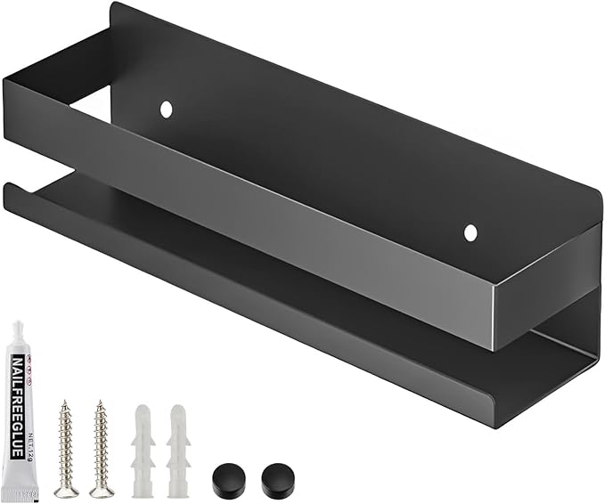 Floating Stainless Steel Shelves with Baking Paint Technique Rust Protection Nail-Free Wall Mounted Storage Shelves for Kitchen,Bathroom,Living Room,Office,Set of 1 Black