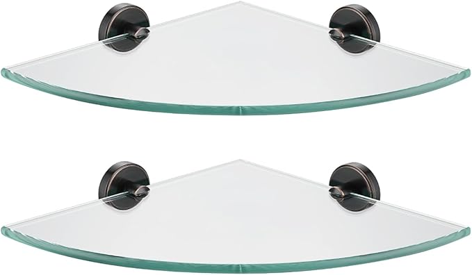 JQK Corner Glass Shelf, Oil Rubbed Bronze Bathroom 304 Stainless Steel Shower Triangle Floating Wall Shelf, 10 x 10 Tempered Glass, 2 Pack, TGS190L10-ORB-P2