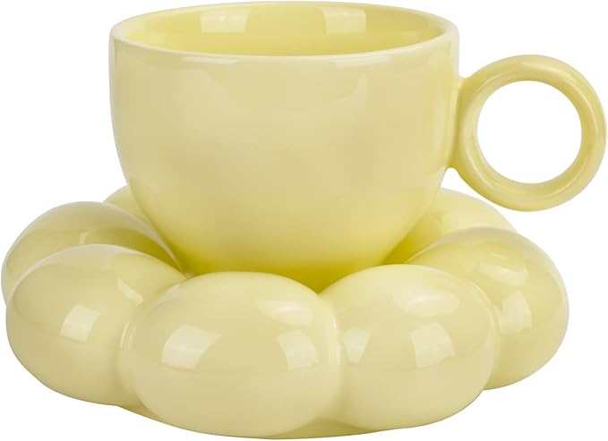 Koythin Ceramic Coffee Mug with Saucer Set, Creative Cute Cup with Sunflower Coaster for Office and Home, Dishwasher and Microwave Safe, 6.5 oz/200 ml for Tea Latte Milk (Lemon Yellow)