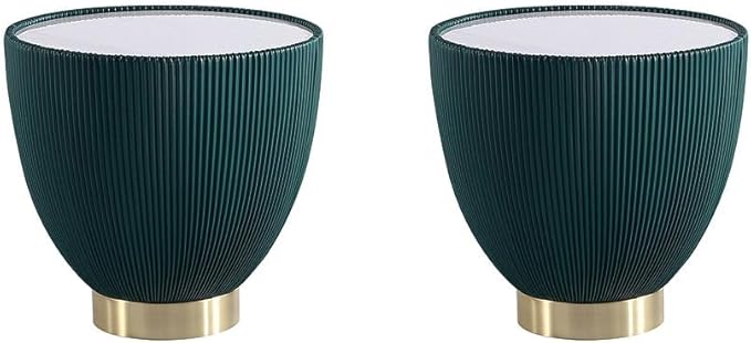 Manhattan Comfort Anderson Modern 18" Round End Table 2.0 | Ceramic Marble Tabletop, Elegant Pleated Leatherette Design & Gold Stainless Steel Base, Fully Assembled Accent Furniture, Set of 2, Green
