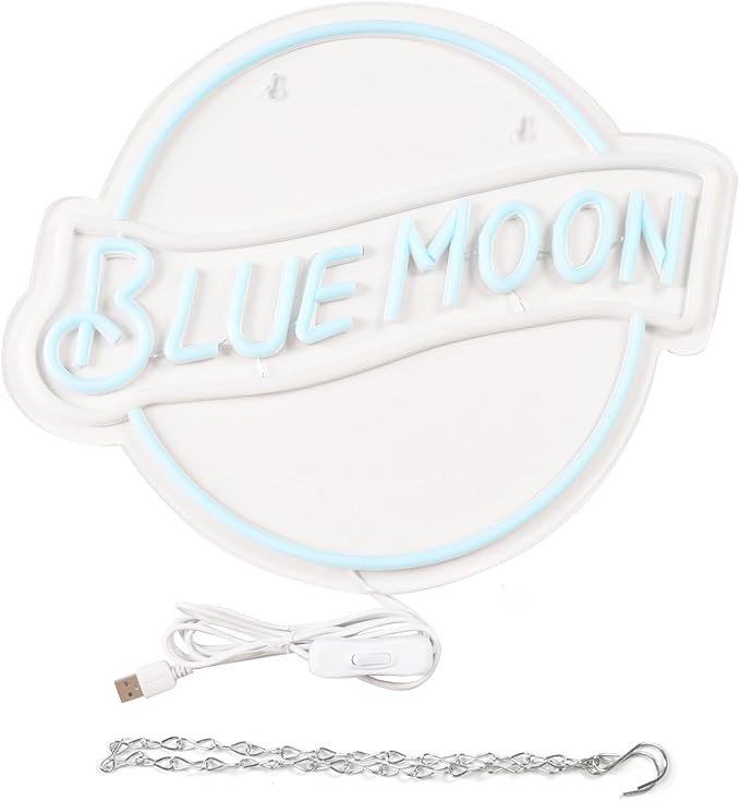 JFLLamp Blue Moon Neon Signs for Wall Decor Neon Lights for Bedroom Led Signs Suitable for Man Cave Bar Pub Restaurant Christmas Birthday Party Gift 5V Usb Power, 14 * 12.2 Inch(Azure+White)