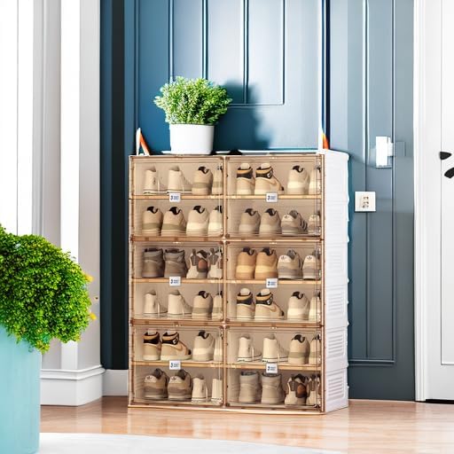 Portable Shoe Rack Organizer for Closet Entryway, Stackable Sneaker Storage Shoe Cabinet with Magnetic Clear Door, Large Plastic Storage containers Bins with Lids 6 Tiers 24 Pairs